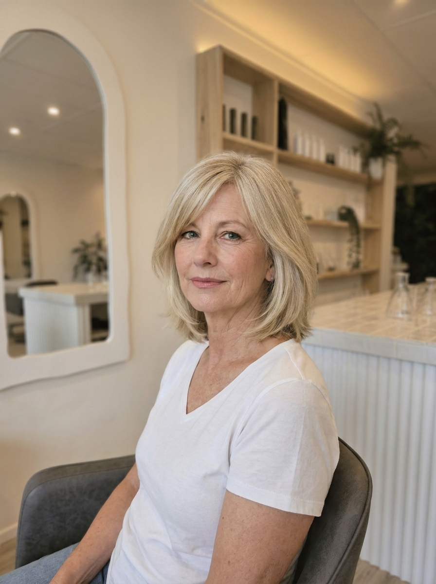 Ash blonde layered bob, corrected warmth